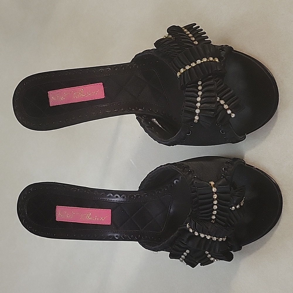 Betsey Johnson Black Satin and Leather Mules with Rhinestone Details